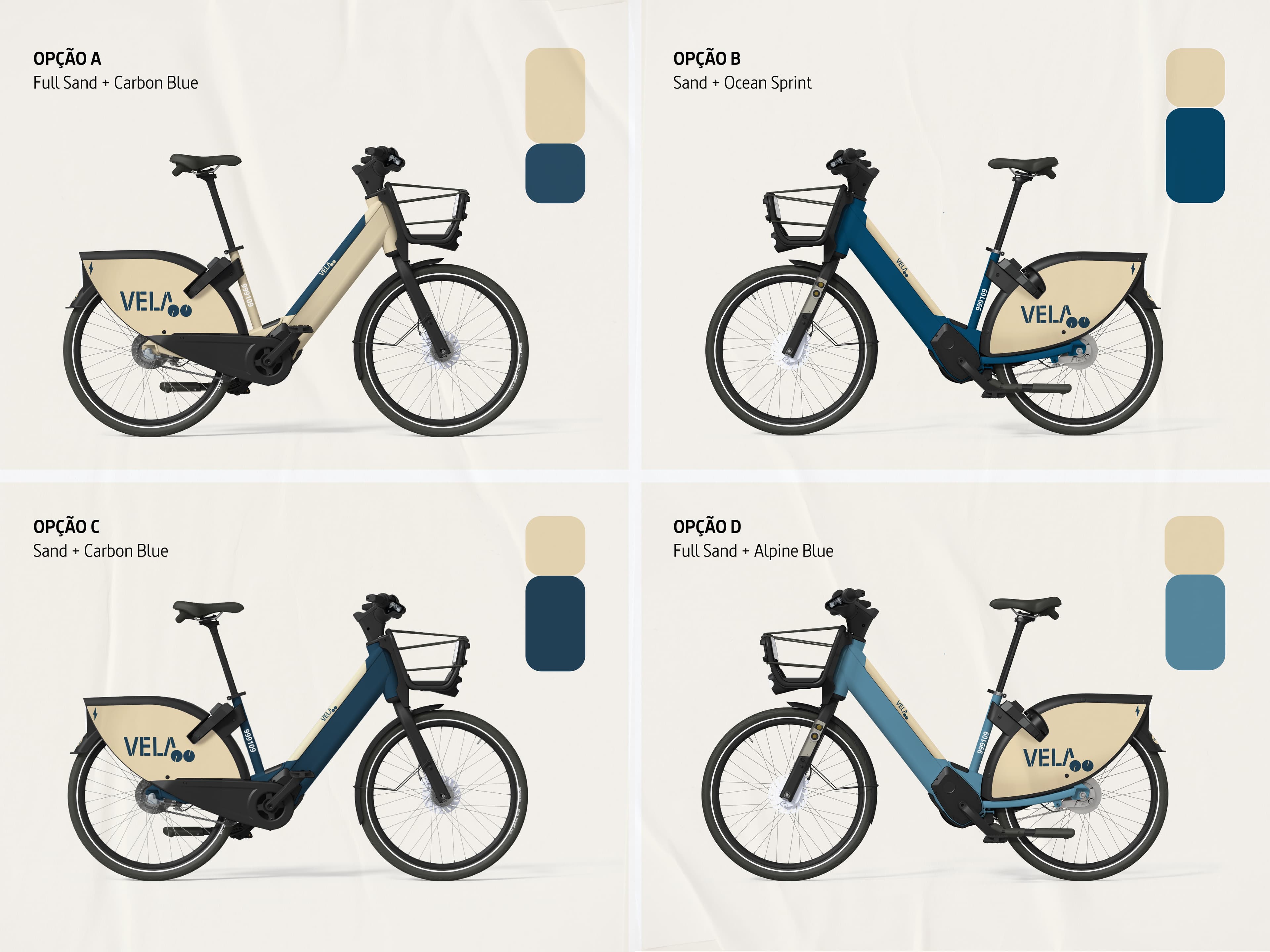 Mosaico com quatro propostas cromáticas para a bicicleta VELA: opção A no canto superior esquerdo, B no superior direito, C no inferior esquerdo e D no inferior direito.